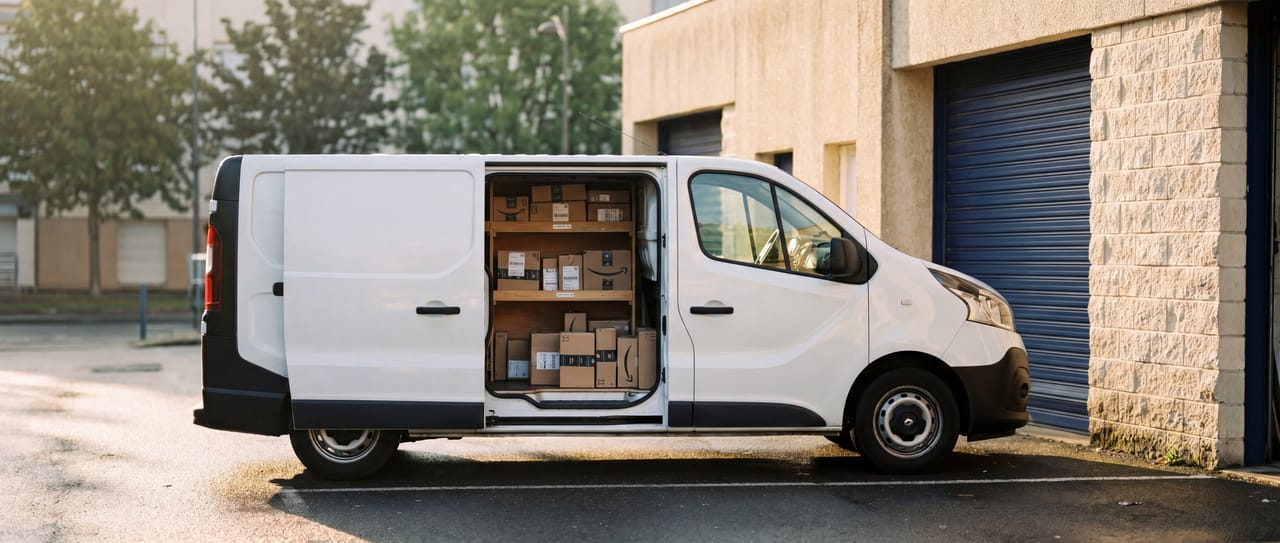 Renault Trafic blanc avec cartons Amazon, matin de tournée