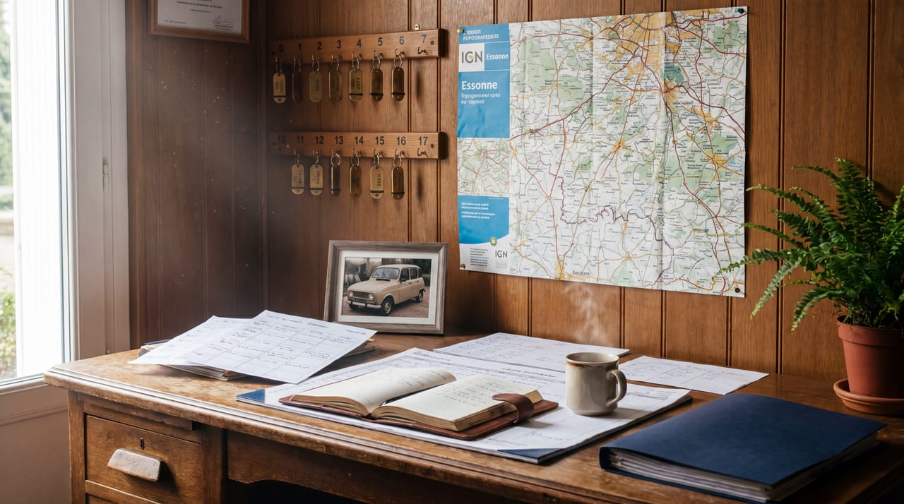 Bureau Rentaloc — carte IGN, crochets clés, planning
