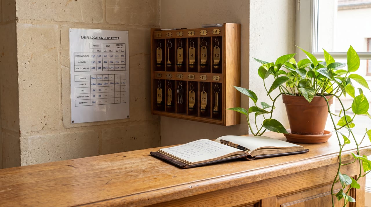Comptoir en bois clair de l'agence Rentaloc Savigny avec affiche tarifs, présentoir clés, plante et carnet