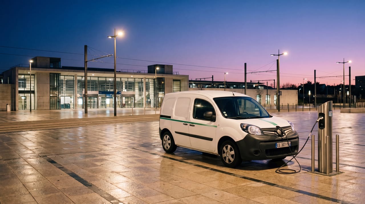 Renault Kangoo électrique à la gare RER d'Évry au twilight violet