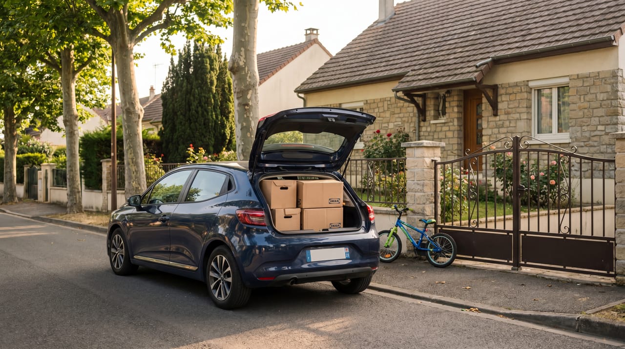 Renault Clio navy avec coffre ouvert chargé de cartons IKEA et vélo enfant devant un pavillon Essonne en golden hour
