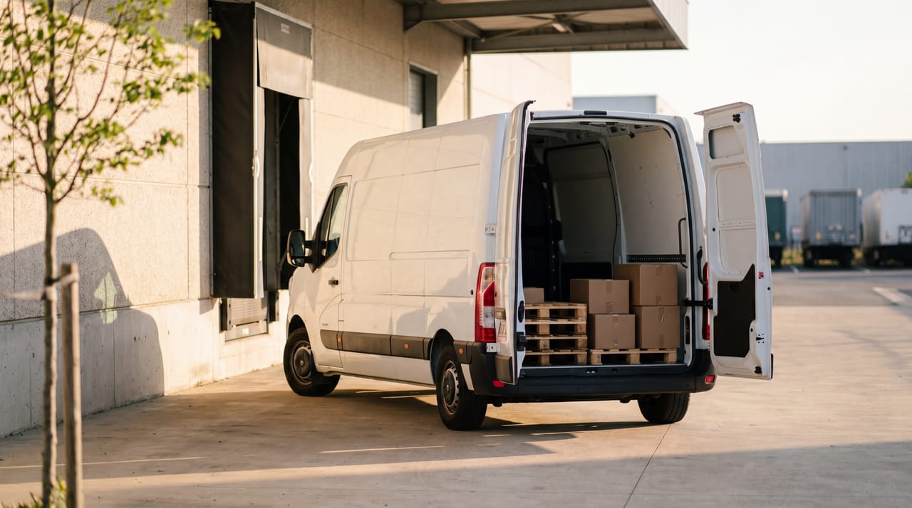 Renault Master 20m³ blanc à un quai de chargement