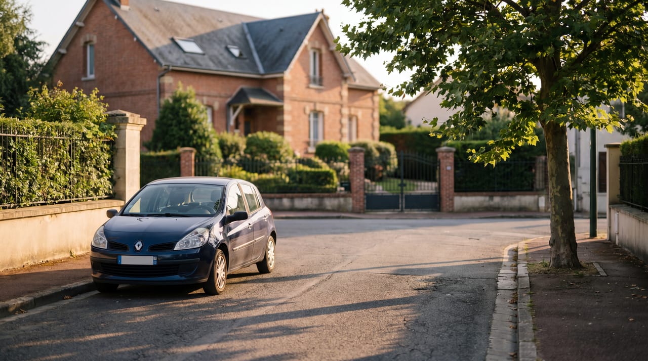 Pavillon en brique à Savigny-sur-Orge avec une Renault Clio navy à la golden hour