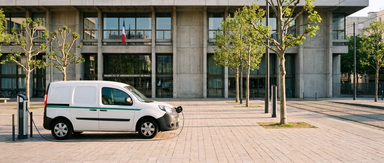 Renault Kangoo électrique blanc avec accent émeraude stationné devant la Mairie du 13e arrondissement de Paris