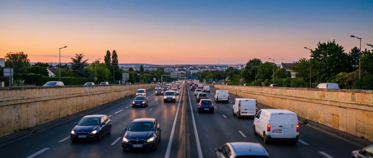 A6 Porte d'Orléans au crépuscule, flux de trafic vers Paris